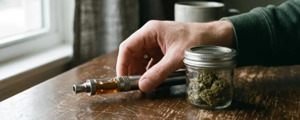 Une main tient une cigarette électronique classique près d'un pot de fleurs de CBD séchées.