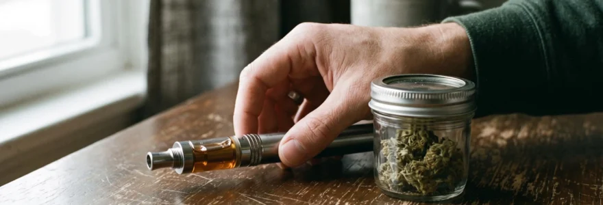 Une main tient une cigarette électronique classique près d'un pot de fleurs de CBD séchées.