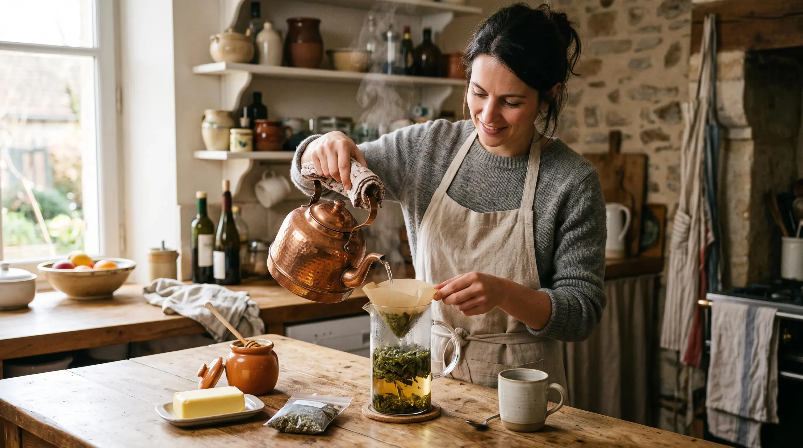 Une personne prépare une infusion de fleurs de CBD dans une cuisine avec une théière en verre.