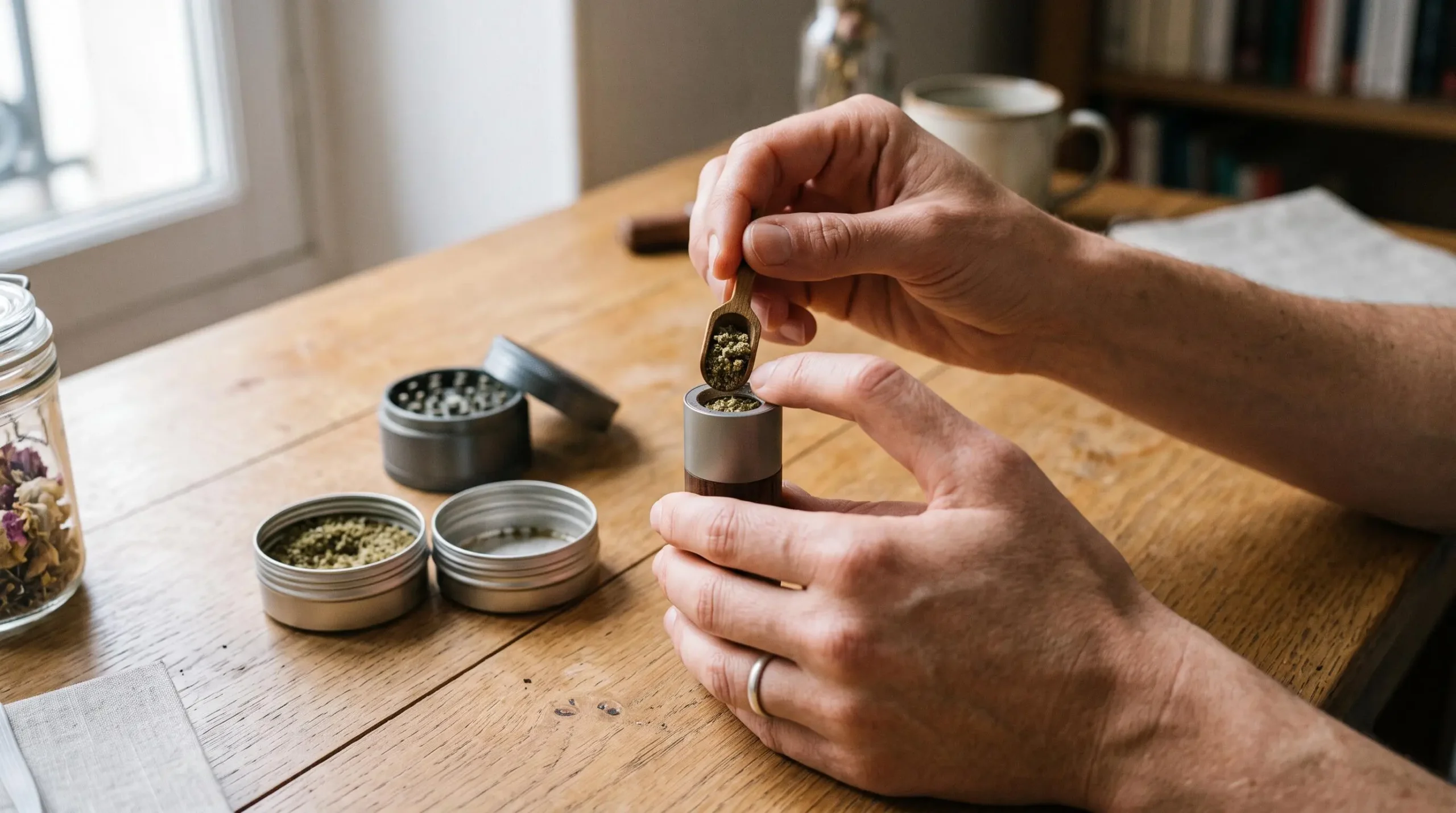 Des mains remplissent la chambre d'un vaporisateur d'herbes avec des fleurs de CBD broyées.